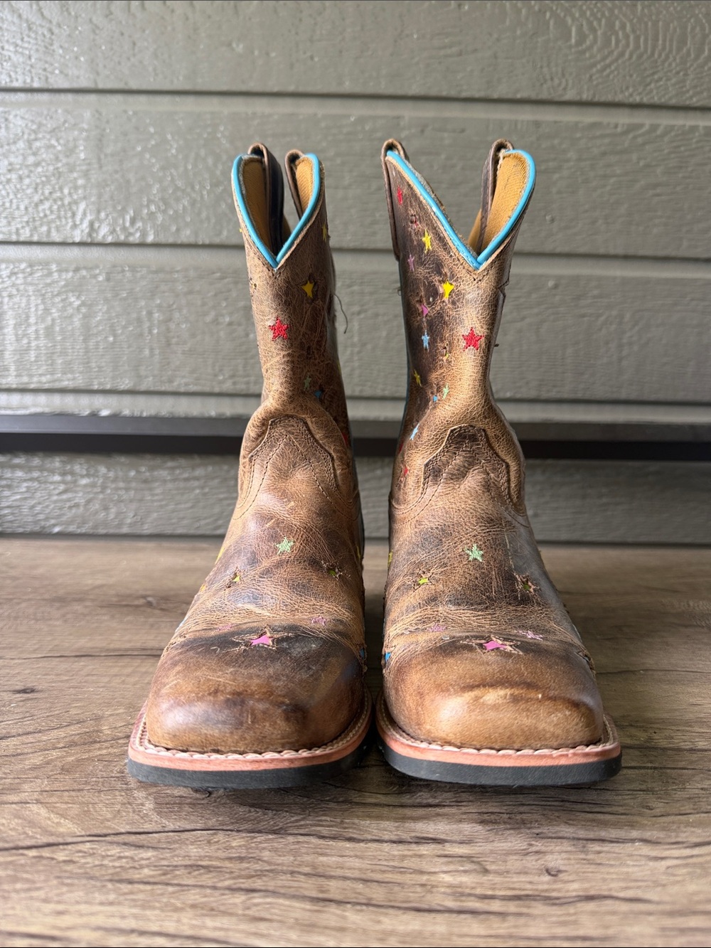 Dan post starlett Brown Leather Star Accent Cowboy Boots Turquoise Trim size 5 - Picture 4 of 7